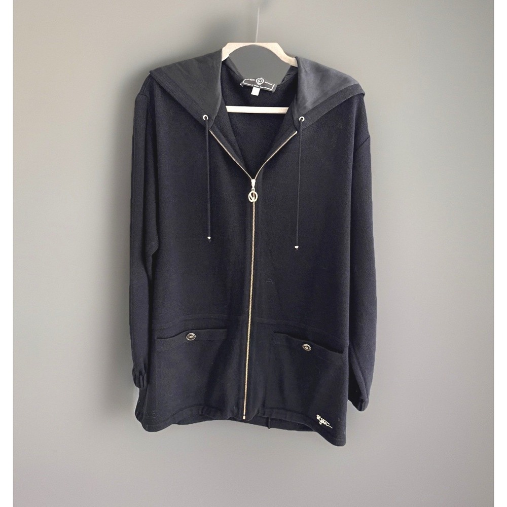 St. John Black Santana Wool Full Zip Hooded Jacket Size Med Gold Tone Hardware
